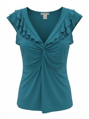Vintage Suzie Teal Twist-Front Ruffle V-Neck Camisole